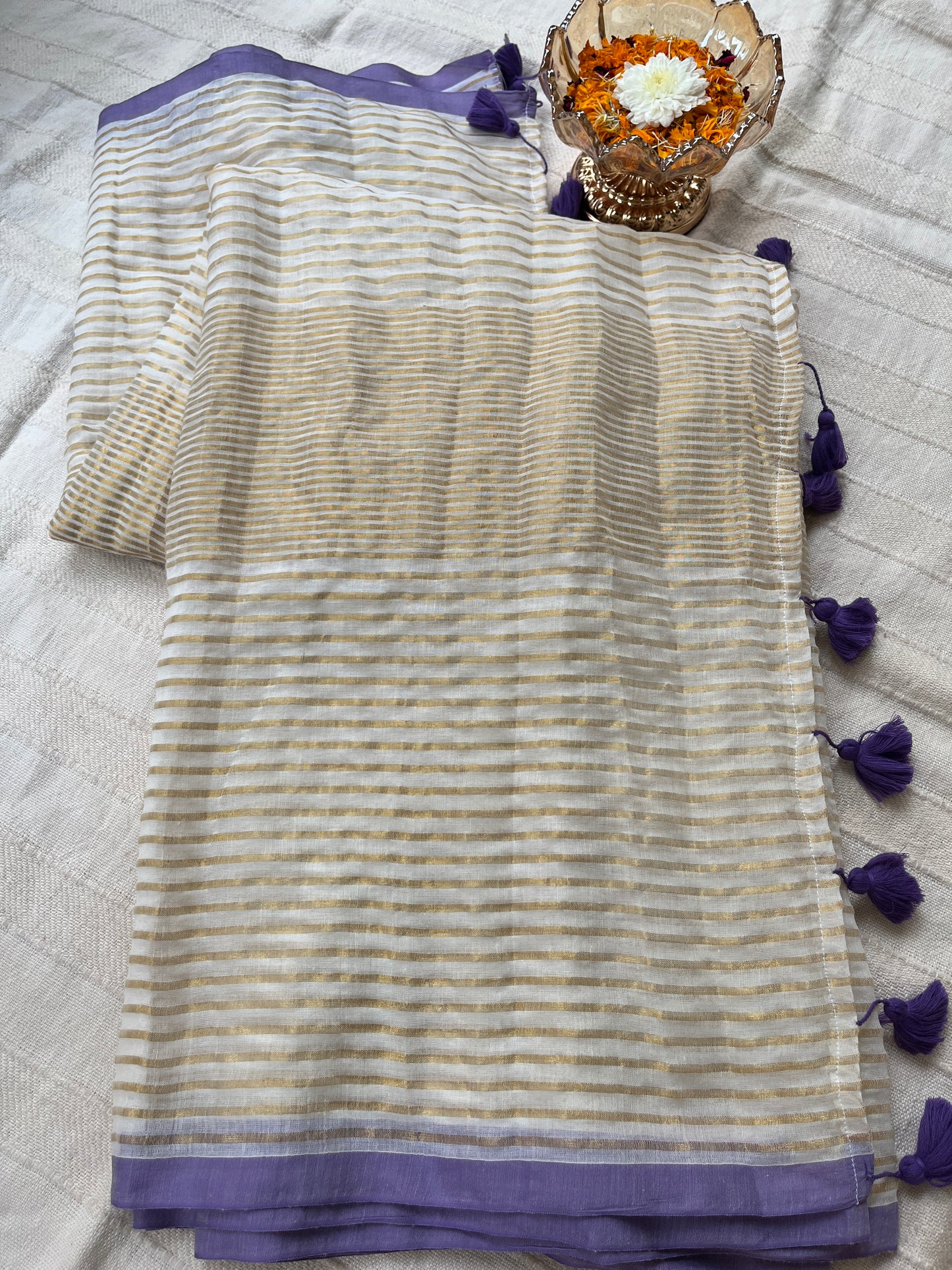 Zari Stripes Mul Cotton Saree - Off-white with Purple Border (No Blouse piece)