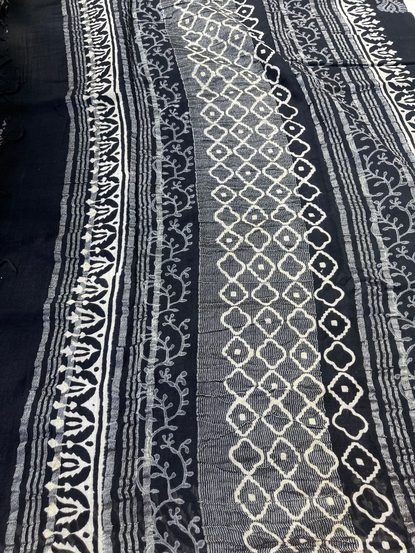 Black Handblock Linen Cotton Saree