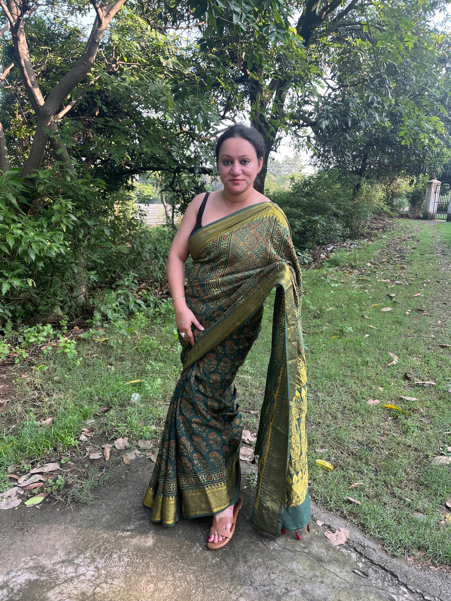 Ajrakh Dola Silk Saree - Green (with tassels)