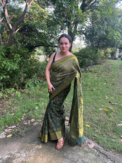 Ajrakh Dola Silk Saree - Green (with tassels)