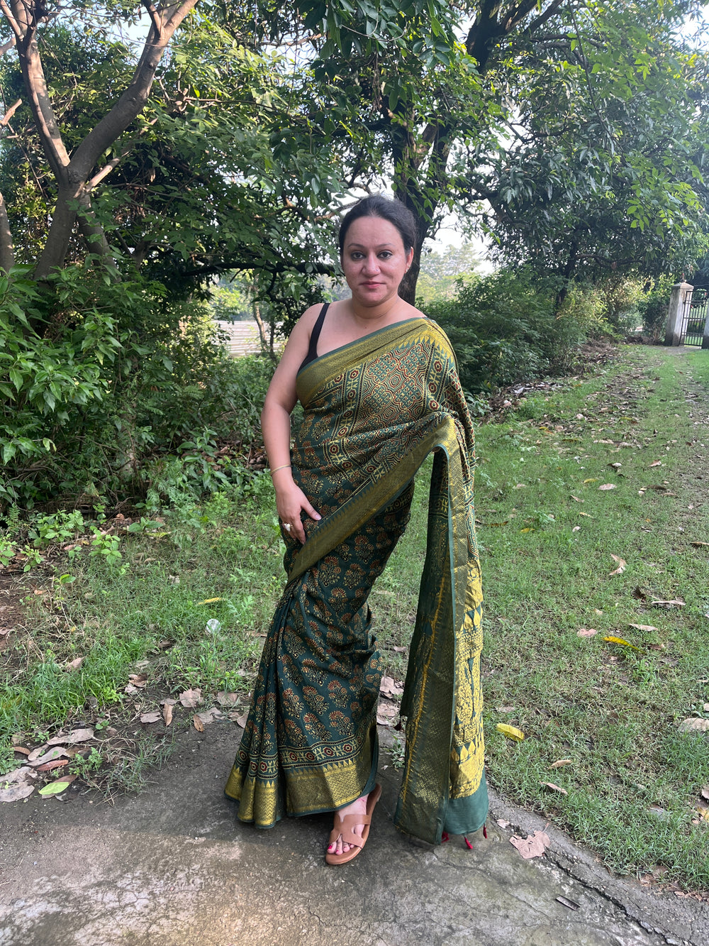 Ajrakh Dola Silk Saree - Green (with tassels)