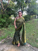 Ajrakh Dola Silk Saree - Green (with tassels)