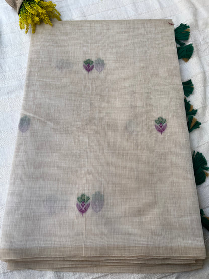 Chanderi Cotton Jamdani Saree - Ivory Flower Weaving