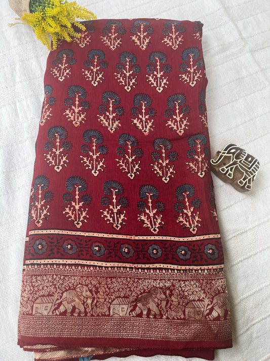 Ajrakh Dola Silk Saree - Deep Red Flower (with tassels)