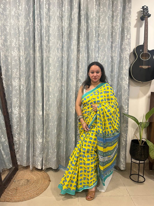 Yellow Blue Elephant Quirky Mul Cotton Saree