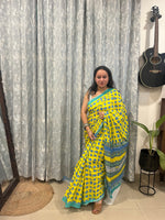 Yellow Blue Elephant Quirky Mul Cotton Saree
