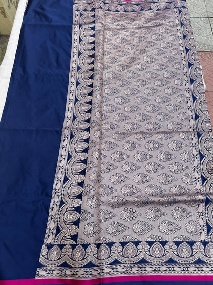 Banarasi Mashru Satin Silk Saree - Midnight Blue