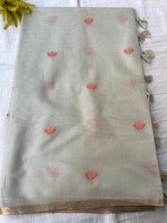 Chanderi Cotton Jamdani Saree - Ivory Lotus Motifs