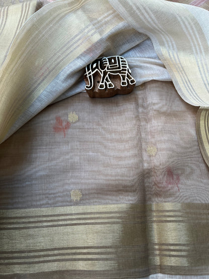 Chanderi Cotton Jamdani Saree - Ivory-Brown Bageecha