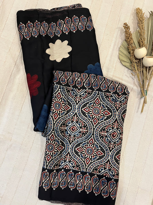Contemporary Ajrakh Modal Silk Saree - Black Flower Block
