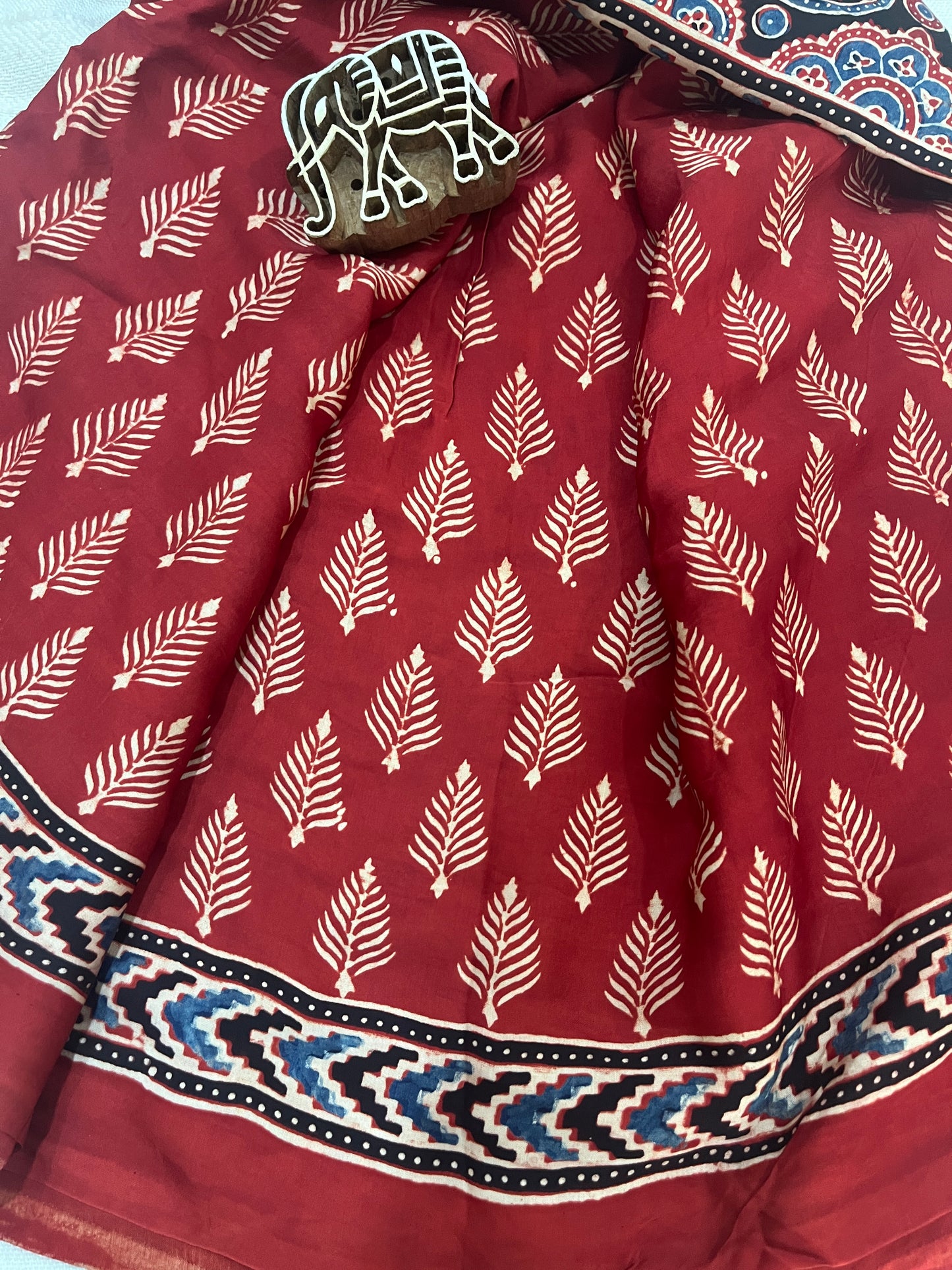 Ajrakh Modal Silk Saree - Classic Red