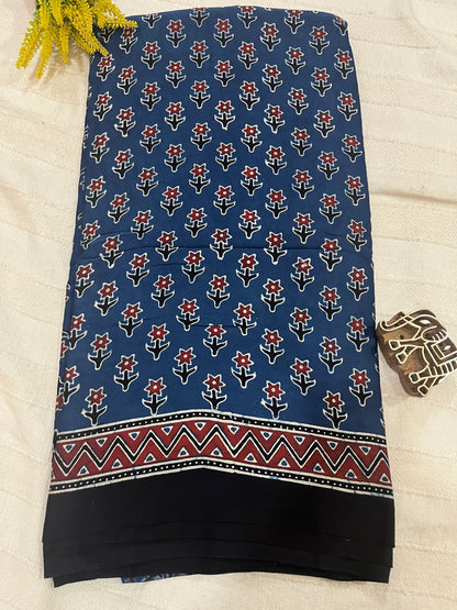 Ajrakh Modal Silk Saree - Indigo Small Flower Buttis