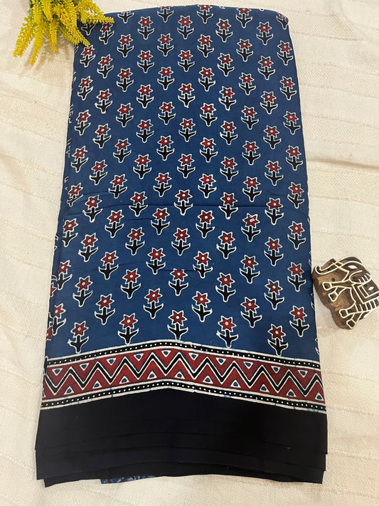 Ajrakh Modal Silk Saree - Indigo Small Flower Buttis