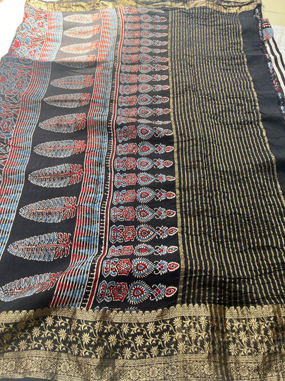 Contemporary Ajrakh Dola Silk Saree - Black Stripes