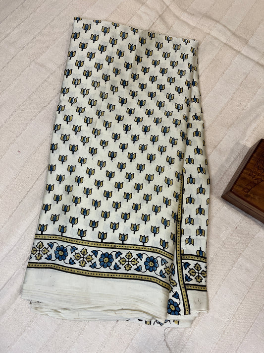 Ajrakh Modal Silk Saree - Off-White Lotus Motifs