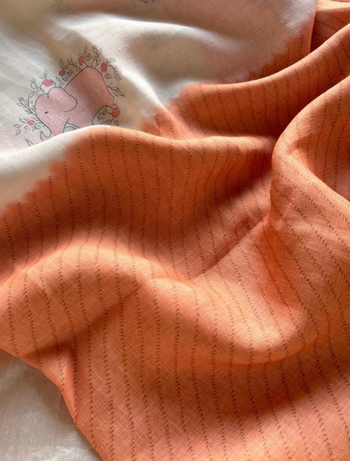 Quirky Linen Cotton Saree - Orange Elephants