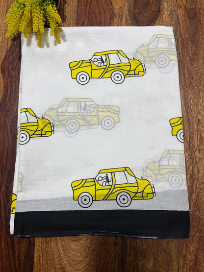 Taxi Print Quirky Mul Cotton Saree