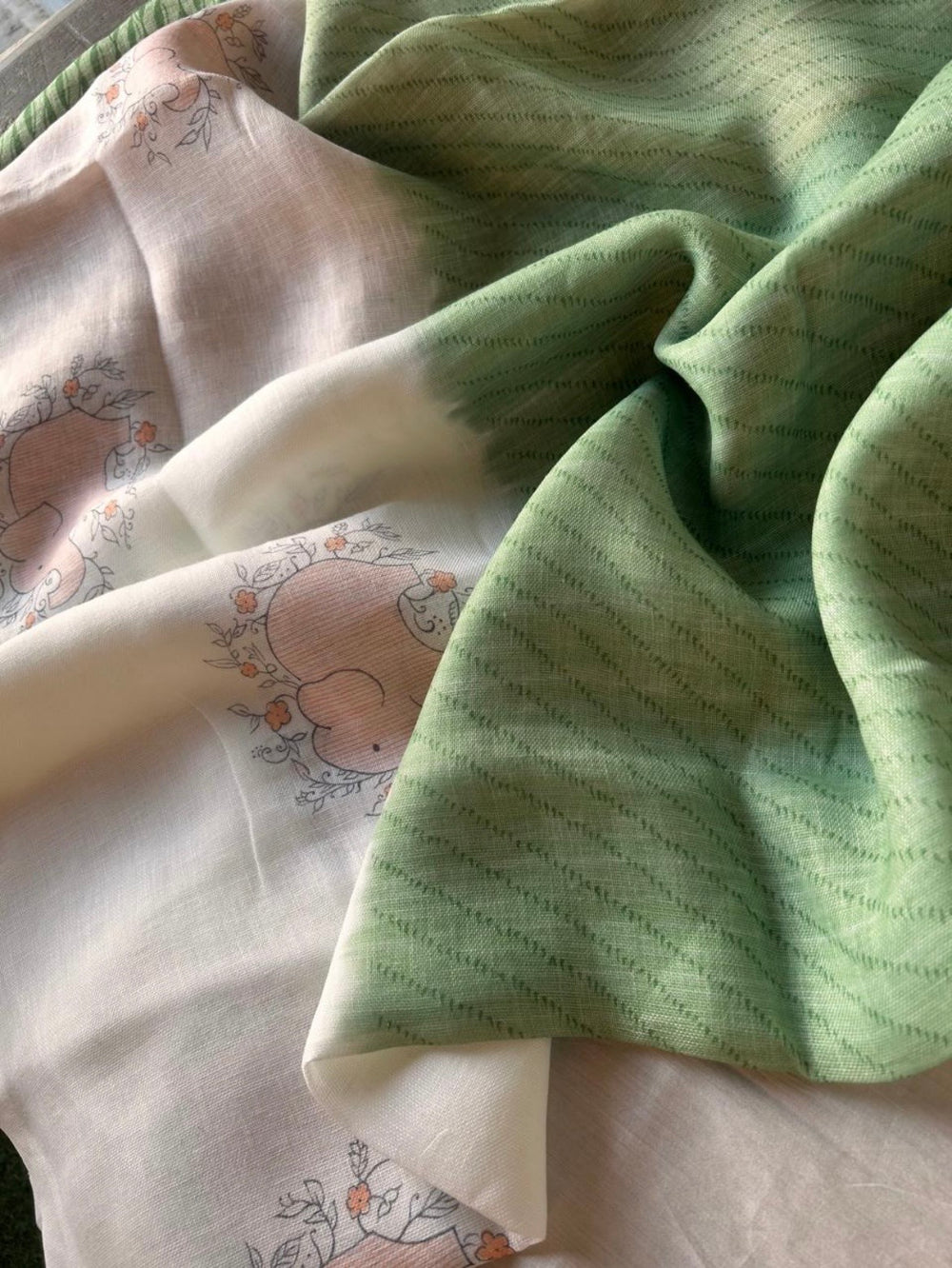 Quirky Linen Cotton Saree - Green Elephants