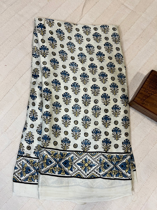 Ajrakh Modal Silk Saree - Off-White Flower Motifs