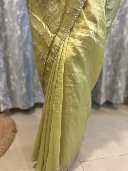 Pitta Work Crepe Tissue Saree - Mehendi Green