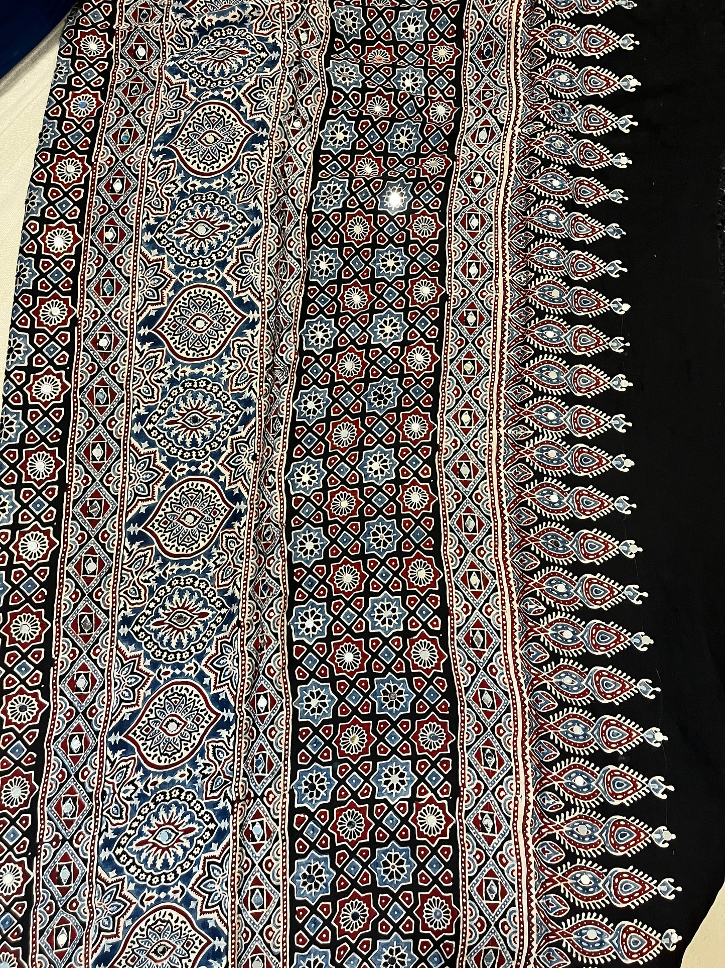 Ajrakh Modal Silk Saree with Mirror Work - Black Lotus Motifs