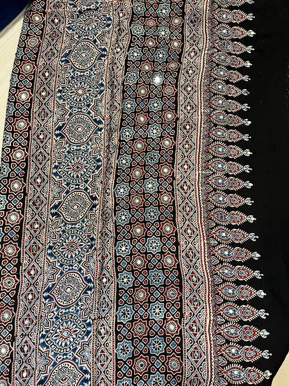 Ajrakh Modal Silk Saree with Mirror Work - Black Lotus Motifs