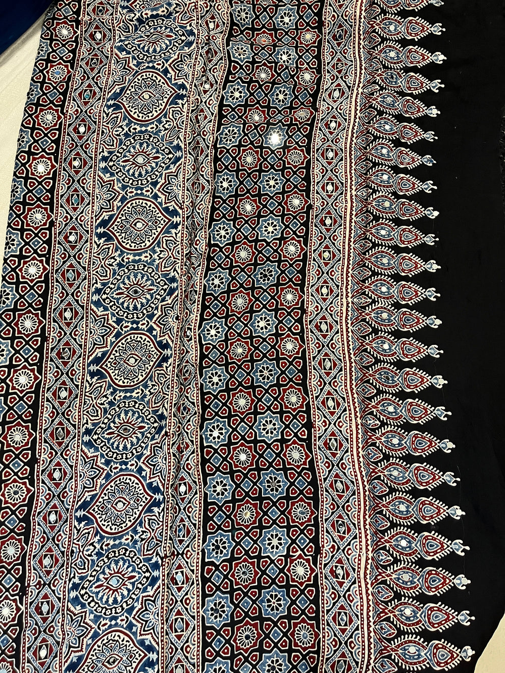 Ajrakh Modal Silk Saree with Mirror Work - Black Lotus Motifs