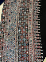 Ajrakh Modal Silk Saree with Mirror Work - Black Lotus Motifs