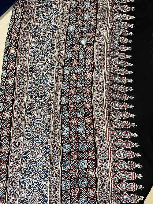 Ajrakh Modal Silk Saree with Mirror Work - Black Lotus Motifs
