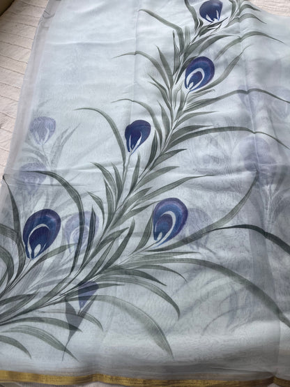 Hand-painted Chiffon Saree - Frost White