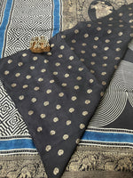 Ajrakh Dola Silk Saree - Black Geometric Pattern (with tassels)