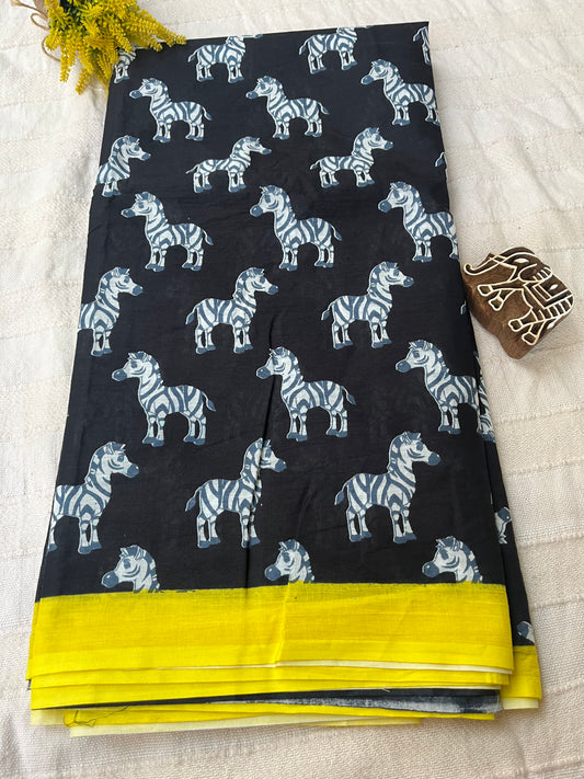 Black Zebra Print Quirky Mul Cotton Saree