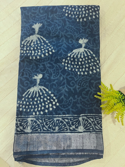 Indigo Handblock Linen Cotton Saree