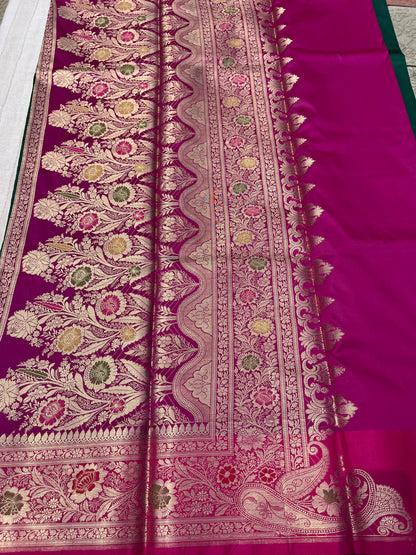 Banarasi Soft Silk Saree - Bottle Green-Pink