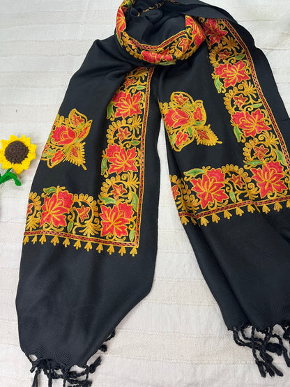 Kashmiri Aariwork Cashmilon Stole - Black