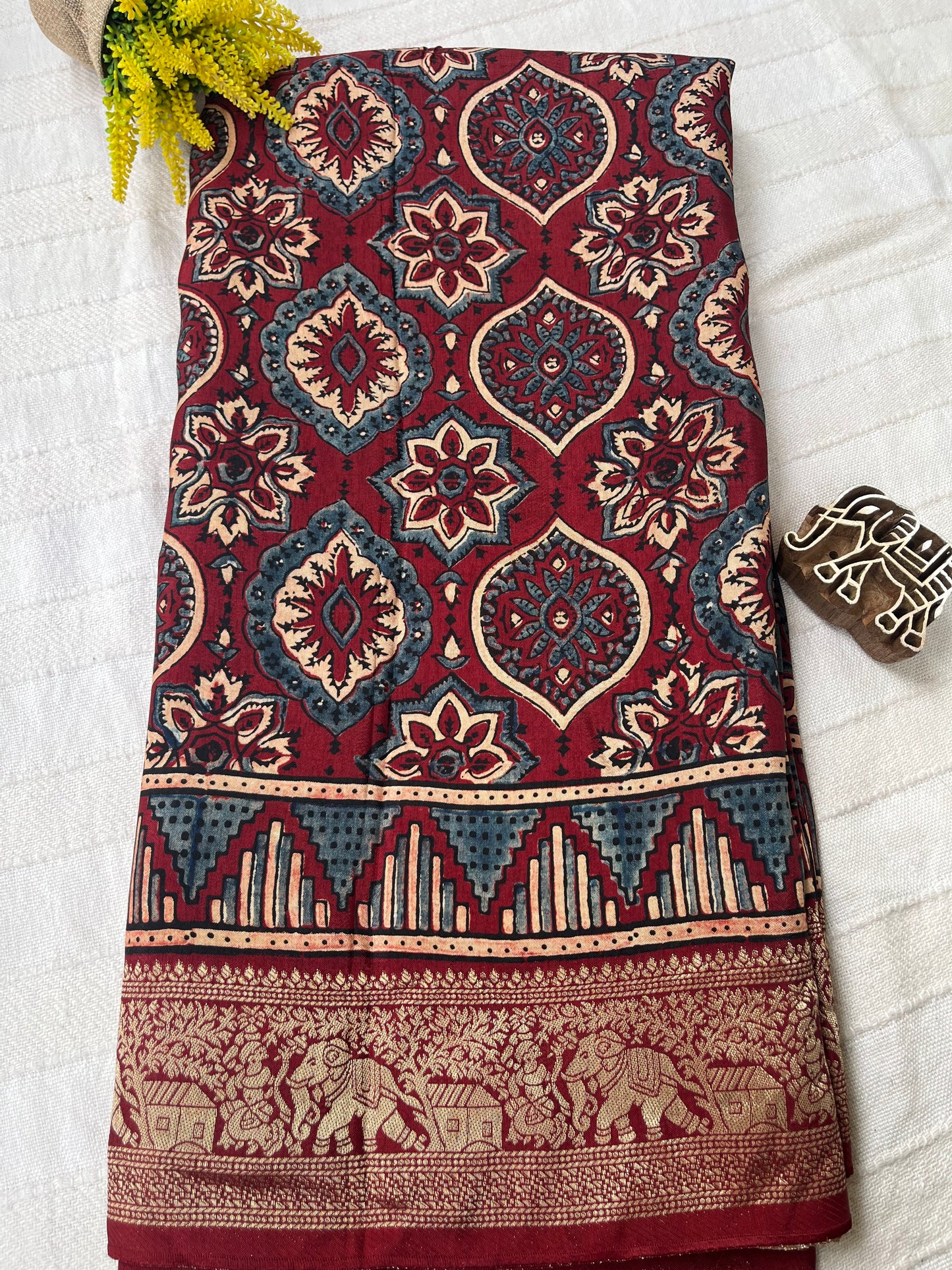 Ajrakh Dola Silk Saree - Deep Red Badam Block (with tassels)