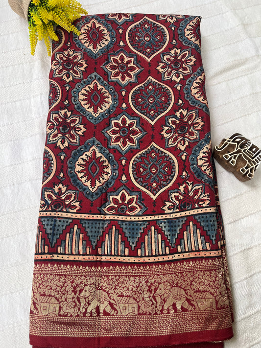 Ajrakh Dola Silk Saree - Deep Red Badam Block (with tassels)