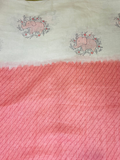 Quirky Linen Cotton Saree - Peach Elephants