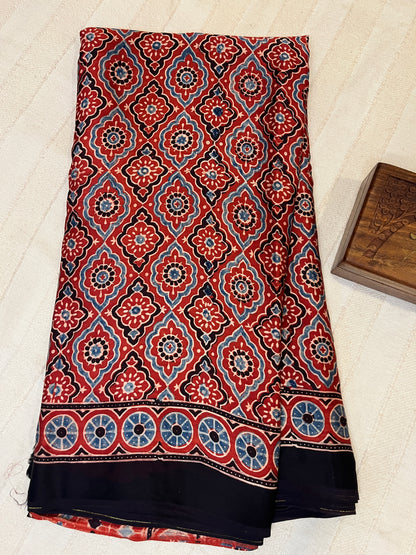 Classic Ajrakh Modal Silk Saree - Rust Red