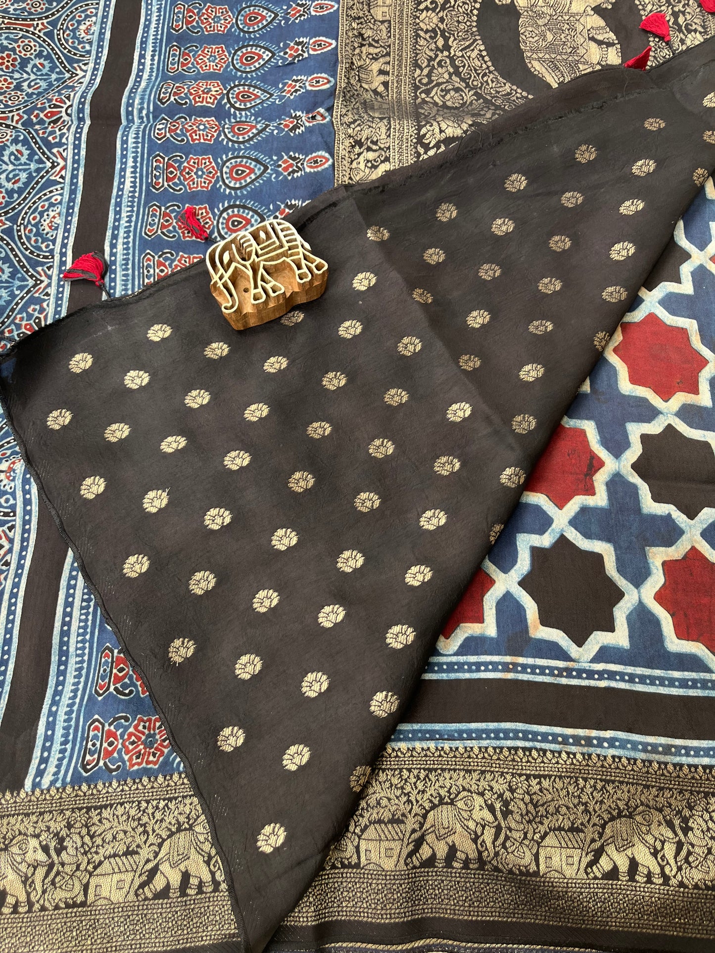Ajrakh Dola Silk Saree - Indigo Cobra (with tassels)