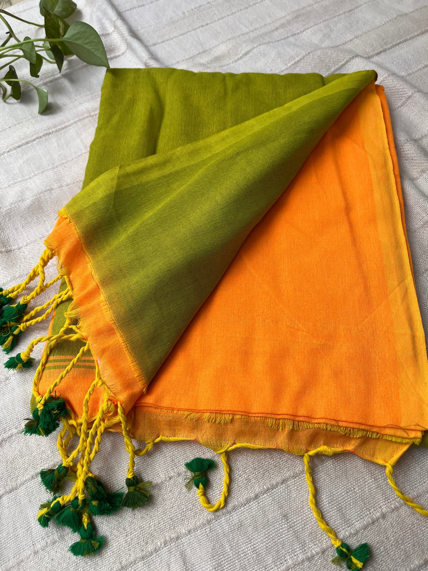 Dual Candy Color Khadi Cotton Saree - Orange & Green