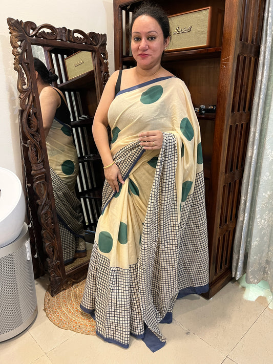 ‘Bindi Tales’ Handblock Mul Cotton Saree - Green on Off-white