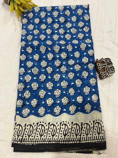 Lion Handblock Mul Cotton Saree - Blue