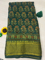 Ajrakh Dola Silk Saree - Green (with tassels)