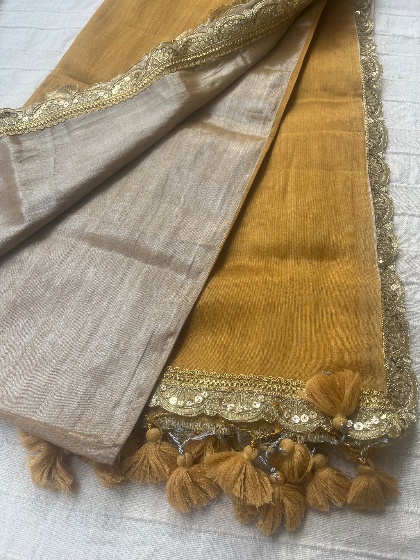 Raga Tissue Saree with Lace and Tassels - Half & Half