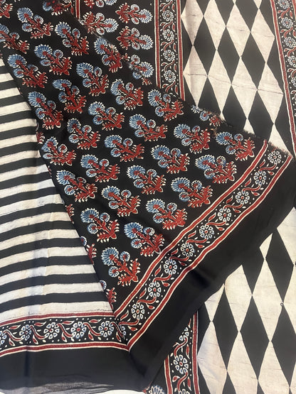 Contemporary Ajrakh Modal Silk Saree - Black Stripes