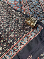 Ajrakh Modal Silk Saree with Bel Design - Black