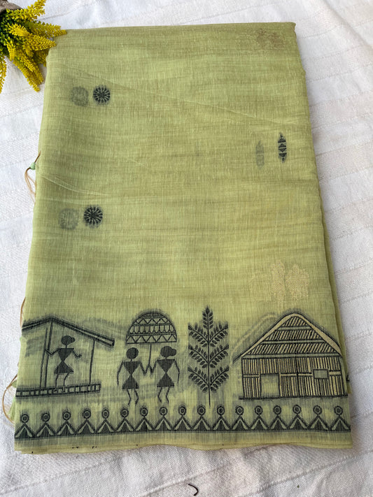 Chanderi Cotton Jamdani Saree - Lime Green Tribal Art