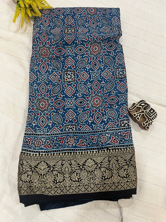 Ajrakh Dola Silk Saree - Indigo