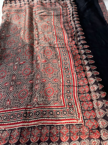 Ajrakh Modal Silk Saree - Mud Brown